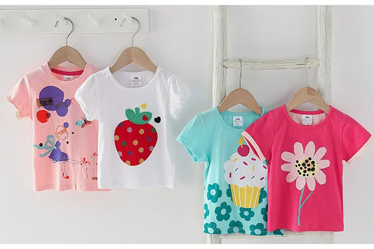 2026 Summer New Arrival 2 3 4 5 6 8 10 Years Kids Children Flower Print Baby Top Basic Cartoon Cotton Girls Short-Sleeve T-Shirt