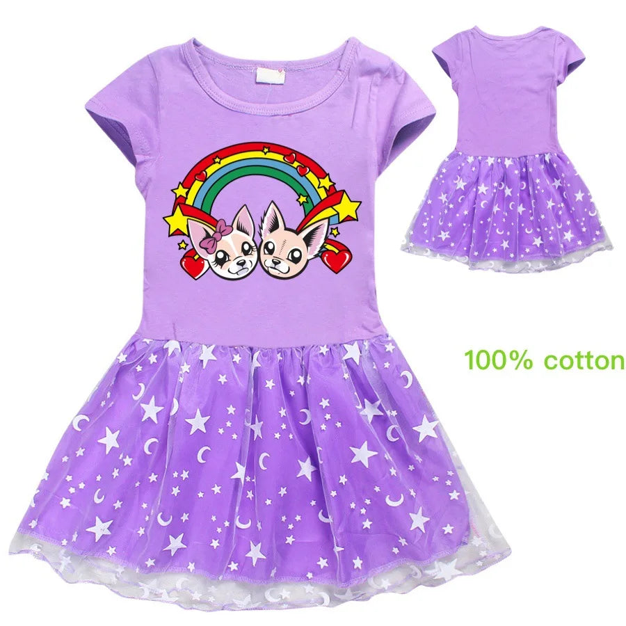 Fashion me contro te Kids Clothes Knee-Length Dresses Cute Cotton Gauze Full Dress Teenagers Cartoon Baby Girls Party Clothing - Idrilay 