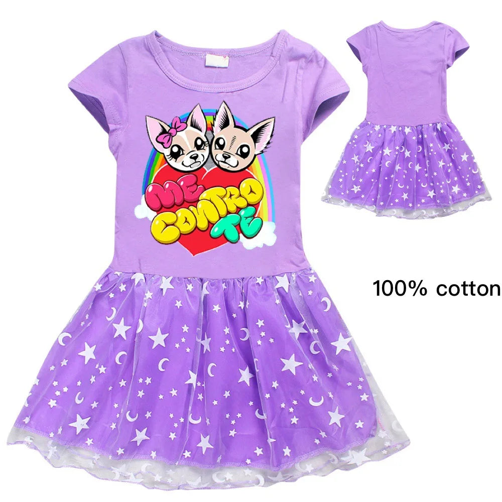 Fashion me contro te Kids Clothes Knee-Length Dresses Cute Cotton Gauze Full Dress Teenagers Cartoon Baby Girls Party Clothing - Idrilay 
