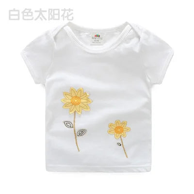 2026 Summer New Arrival 2 3 4 5 6 8 10 Years Kids Children Flower Print Baby Top Basic Cartoon Cotton Girls Short-Sleeve T-Shirt