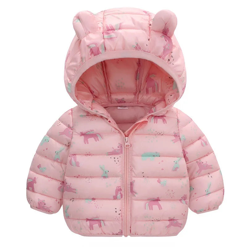 Kids Warm Down Jackets Autumn Winter Baby Thin Hooded Cotton Coats Girls Boys Cute Solid Outerwear Children Clothes 2-6 Years