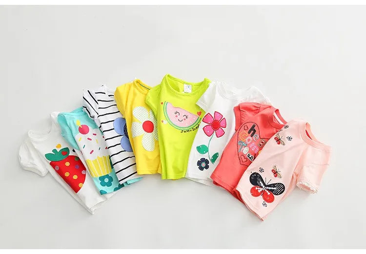 2026 Summer New Arrival 2 3 4 5 6 8 10 Years Kids Children Flower Print Baby Top Basic Cartoon Cotton Girls Short-Sleeve T-Shirt