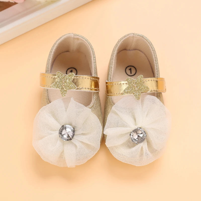 Cute Spring Newborn Golden Baby Shoes Non Slip Cloth Bottom Girl Shoes Elegant Breathable Casual Baby First Walking Shoes 0-18 M