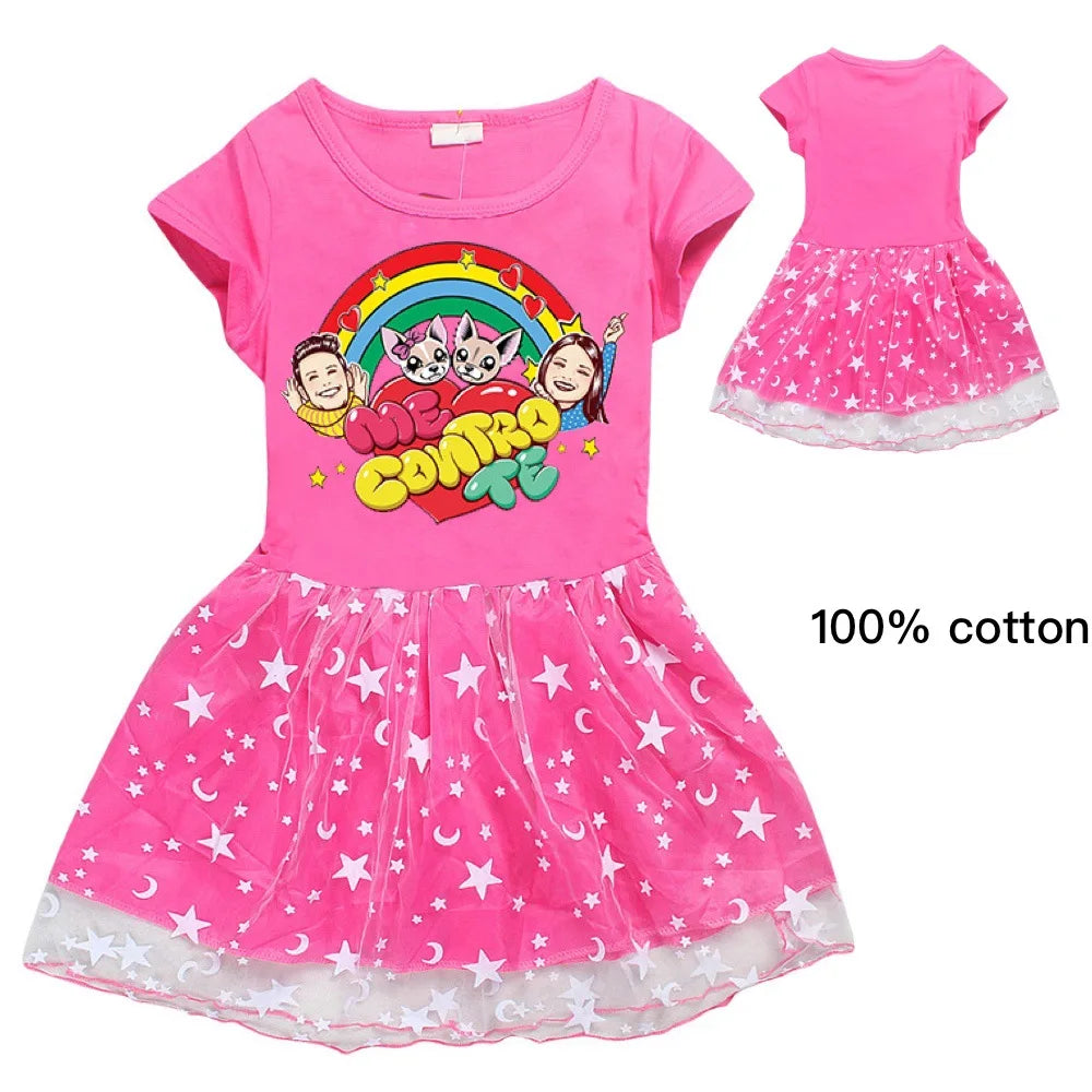 Fashion me contro te Kids Clothes Knee-Length Dresses Cute Cotton Gauze Full Dress Teenagers Cartoon Baby Girls Party Clothing - Idrilay 