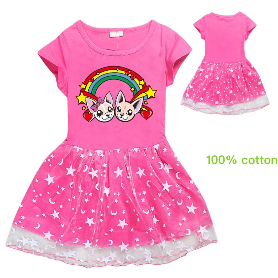 Fashion me contro te Kids Clothes Knee-Length Dresses Cute Cotton Gauze Full Dress Teenagers Cartoon Baby Girls Party Clothing - Idrilay 