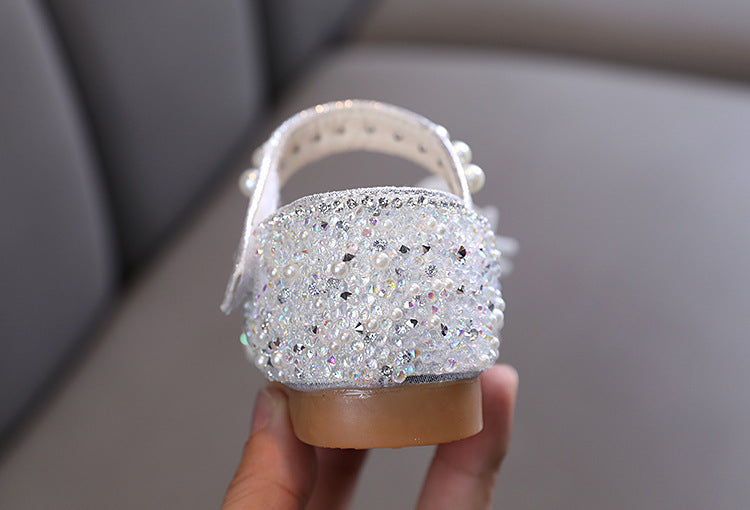 Baby Girls Princess Shoes Sequins Pearl Bow Kids Sandals Non-slip Children Shoes Party Wedding Elegant Performance Shoes F06144