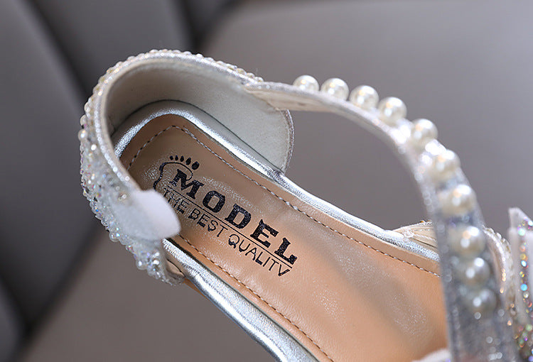 Baby Girls Princess Shoes Sequins Pearl Bow Kids Sandals Non-slip Children Shoes Party Wedding Elegant Performance Shoes F06144