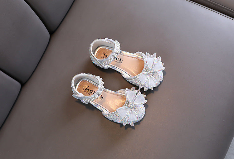 Baby Girls Princess Shoes Sequins Pearl Bow Kids Sandals Non-slip Children Shoes Party Wedding Elegant Performance Shoes F06144