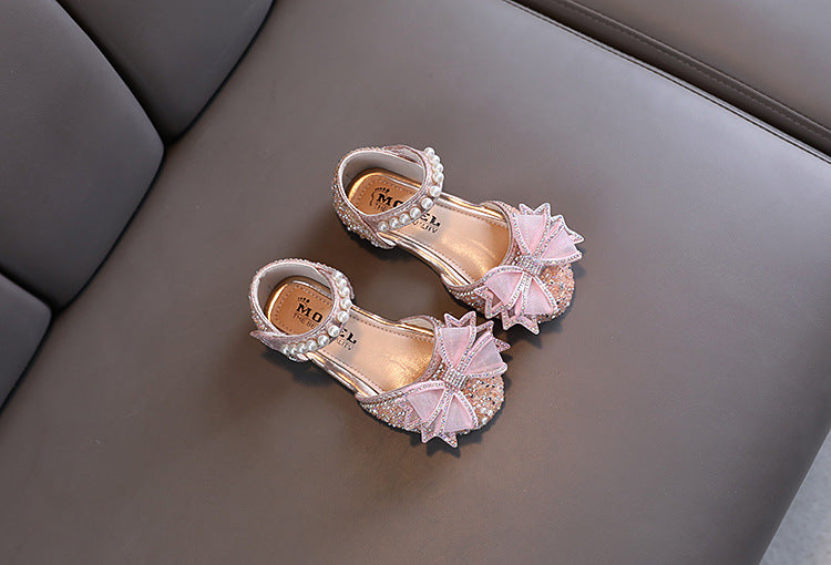 Baby Girls Princess Shoes Sequins Pearl Bow Kids Sandals Non-slip Children Shoes Party Wedding Elegant Performance Shoes F06144