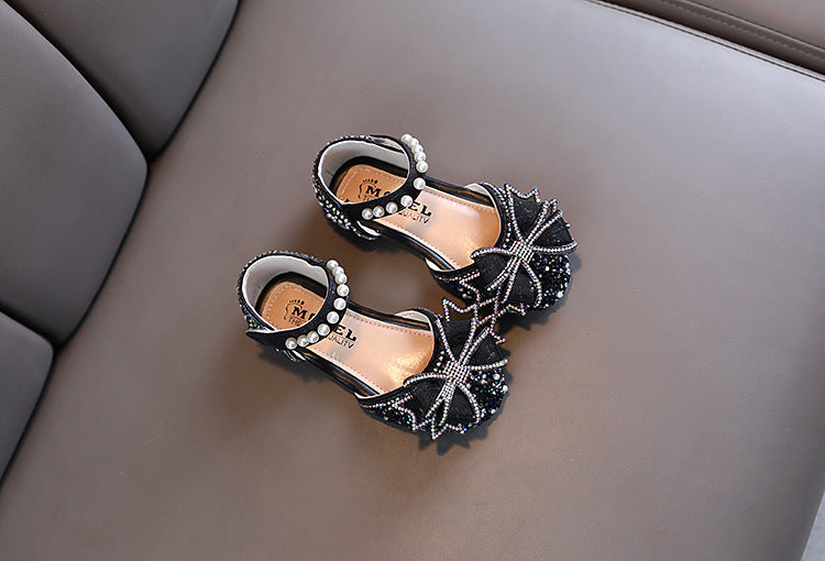 Baby Girls Princess Shoes Sequins Pearl Bow Kids Sandals Non-slip Children Shoes Party Wedding Elegant Performance Shoes F06144