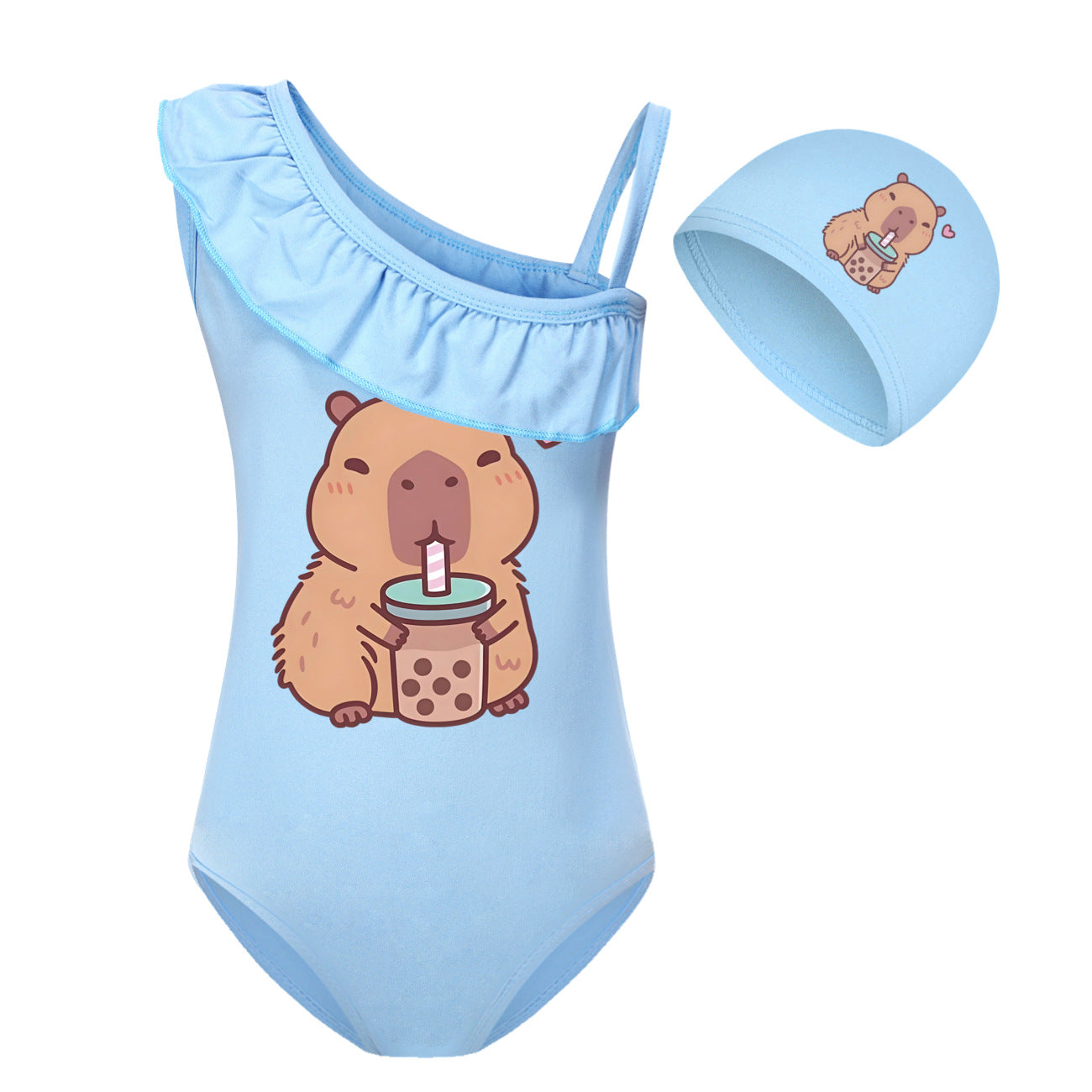 Swimsuit for Girls Summer Vacation Outfits Kids Game copybara Sling Ruffles Bikini Set Children Carooon Print Swimwear