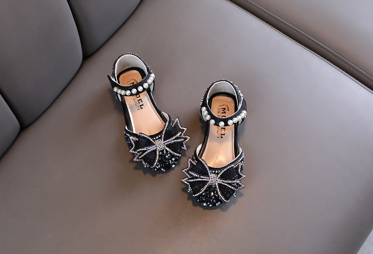 Baby Girls Princess Shoes Sequins Pearl Bow Kids Sandals Non-slip Children Shoes Party Wedding Elegant Performance Shoes F06144