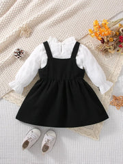 2-Piece Baby Girl Spring and Autumn Sweet New Style Beautiful Casual White Long Sleeve Black Strap Skirt Comfortable