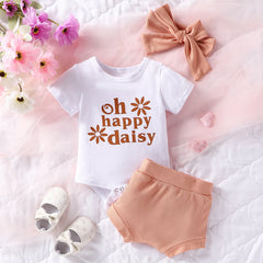 Newborn Girls Summer Letter Printed Jumpsuit With Short Sleeves And Shorts