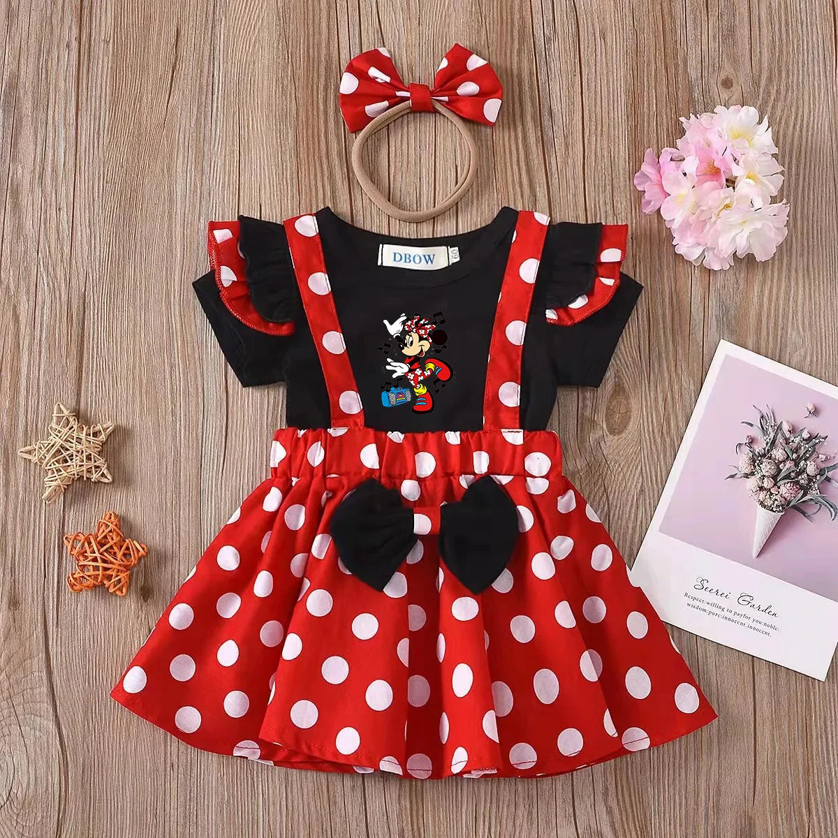 2Pcs/Set Mickey Minnie Mouse Children Outfit Baby Girls Summer Evening Kids Dots Tops Skirt Cosplay Dress with Headband Bow