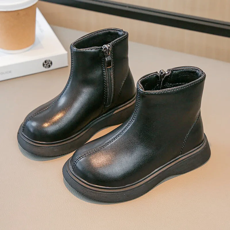 Children Fashion Boots Simple Girls Ankle Boot Black Kids Short Leather Boots Side Zipper Thick Bottom Autumn Winter 2024 New - Idrilay 