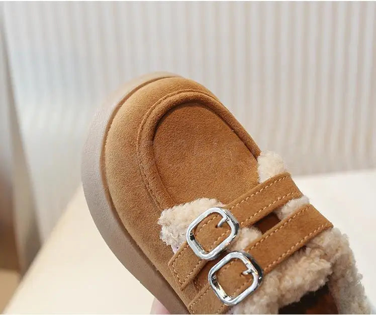 Autumn Winter Children Flats Shoes Solid Plush Warm Korean Style Girls Princess Casual Shoes Soft Bottom Furry Kids Cotton Shoes