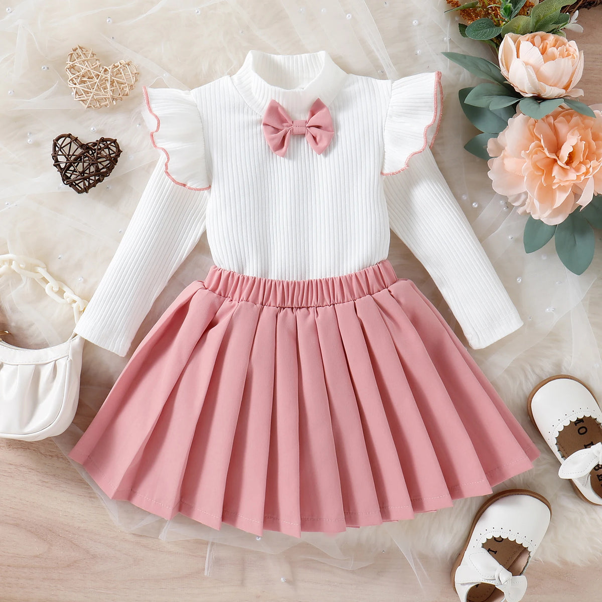 2PCS Fall Toddler Baby Girls Fashion Baby Clothes In White Flysleeve T+ Pink Pleated Skirt (Multi-Colored) Decorated With Bow