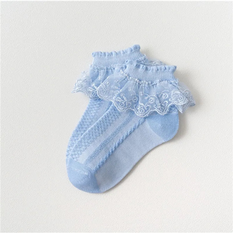 1Pairs Cotton Lace Ruffle Princess Mesh Breathable Socks Children Ankle Short Sock White Pink Blue Baby Girls Kids Toddler