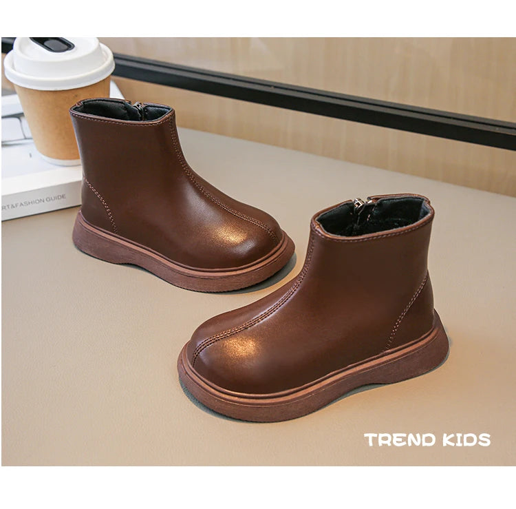 Children Fashion Boots Simple Girls Ankle Boot Black Kids Short Leather Boots Side Zipper Thick Bottom Autumn Winter 2024 New - Idrilay 