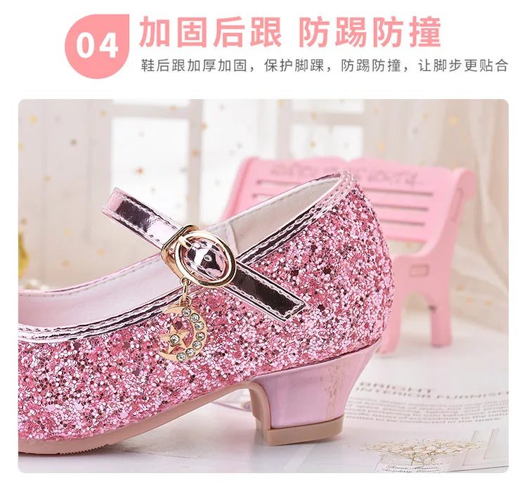 Girls Shoes Children High Heel Glitter Crystal Sandals Fashion Buckle Kids Princess Dance Shoe Student Performance Leather Shoes - Idrilay 