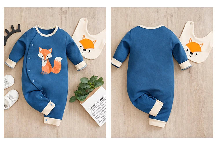 Spring And Autumn Boys And Girls Cute Cartoon Fox Printed Cotton Comfortable Long Sleeve Baby Bodysuit