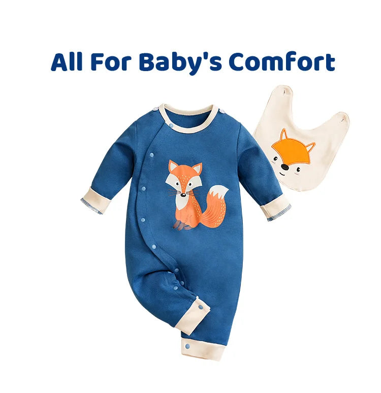 Spring And Autumn Boys And Girls Cute Cartoon Fox Printed Cotton Comfortable Long Sleeve Baby Bodysuit