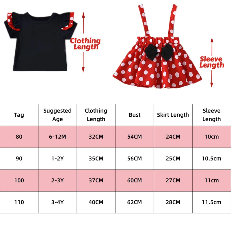 2Pcs/Set Mickey Minnie Mouse Children Outfit Baby Girls Summer Evening Kids Dots Tops Skirt Cosplay Dress with Headband Bow