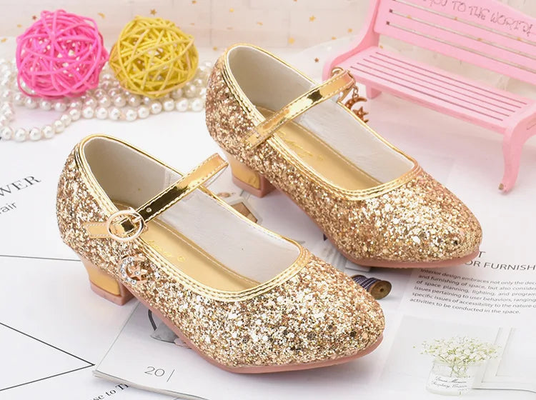 Girls Shoes Children High Heel Glitter Crystal Sandals Fashion Buckle Kids Princess Dance Shoe Student Performance Leather Shoes - Idrilay 
