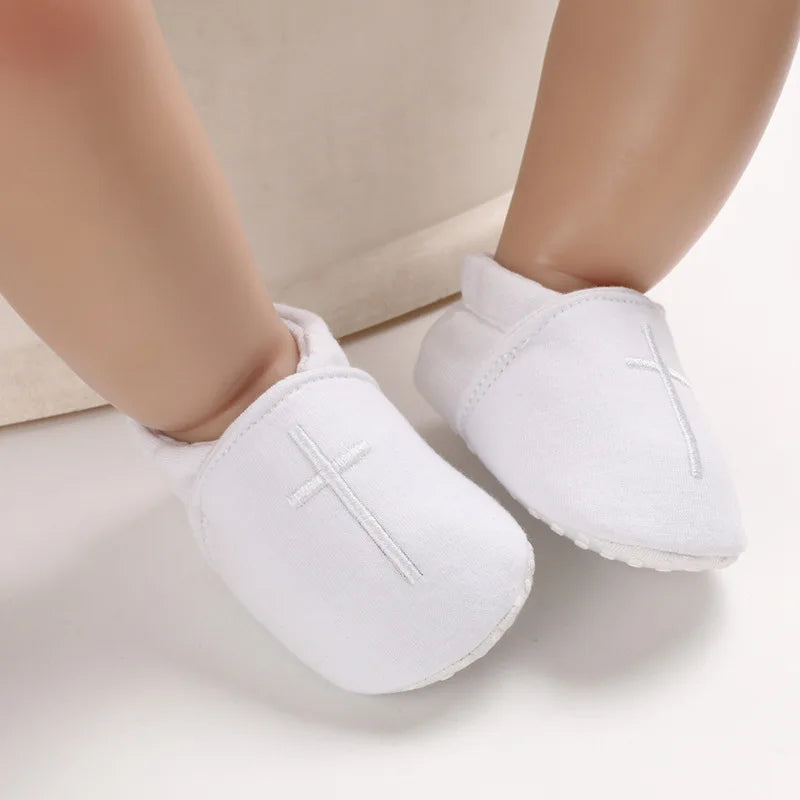 Newborn Baby White Baptism Shoes Soft Anti-slip Toddler Boy Girl Christening Golden Church Cross Soled Infant First Walker Shoes