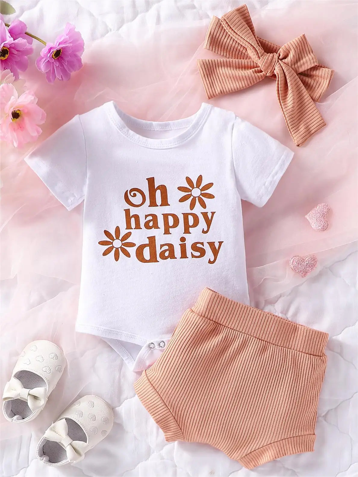 Newborn Girls Summer Letter Printed Jumpsuit With Short Sleeves And Shorts