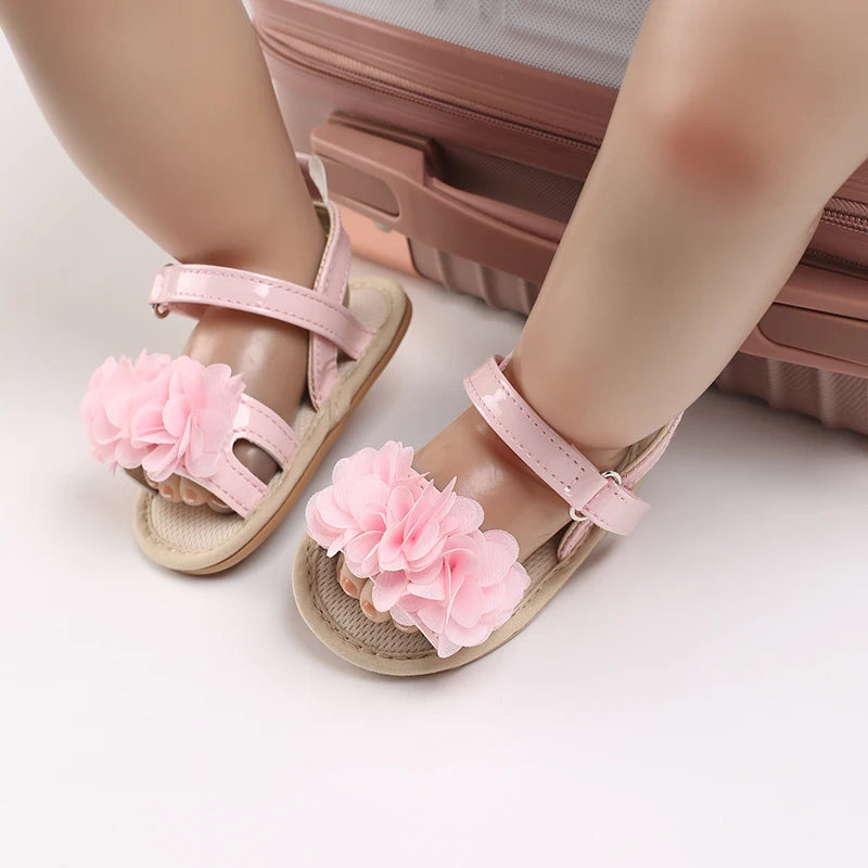 Summer Infant Baby Girl Fashion Shoes Toddler Flats Sandals Soft Rubber Sole Anti-Slip Flower Lace Crib First Walker 0-18M