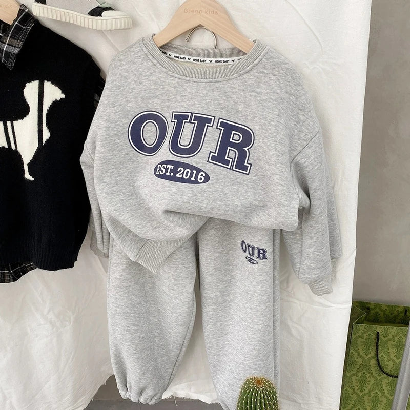 Spring Autumn Warm Boys Clothing Set Letter OUR Lined With Velvet Shirt+Pants 2Pcs Suit For Kids Children Outdoor Sports Suit