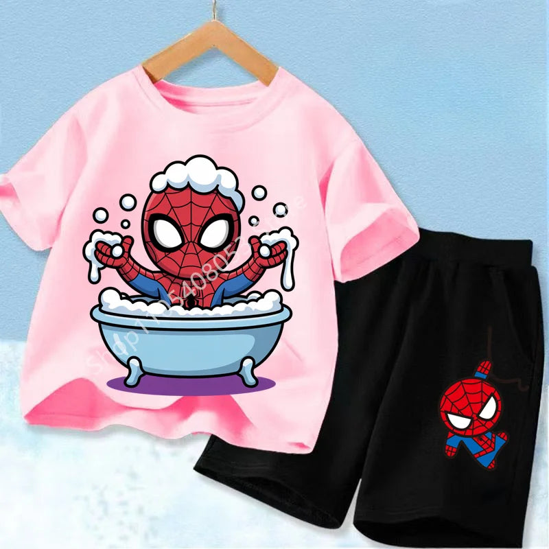 Summer Hot Sale Kids Short Sleeve Two Piece Set Marvel Spider Man Cartoon Print Children Outfit