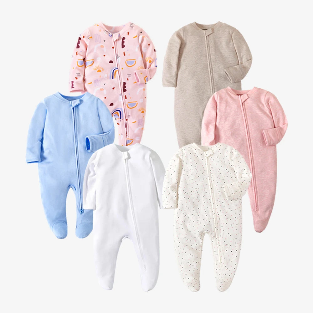 Spring Newborn Footed Pajamas Zipper Girl and Boy Romper Long Sleeve 0-12 Months Baby Clothe Jumpsuit Cotton Solid White Fashion