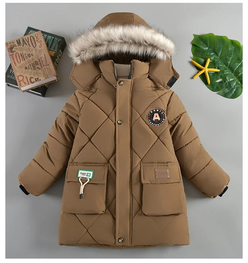 2025 Winter New Boys Jacket Solid Color Lining Plush Keep Warm Fur Collar Hooded Zipper Outerwear For 4-10Y Teen Kids Snowsuit