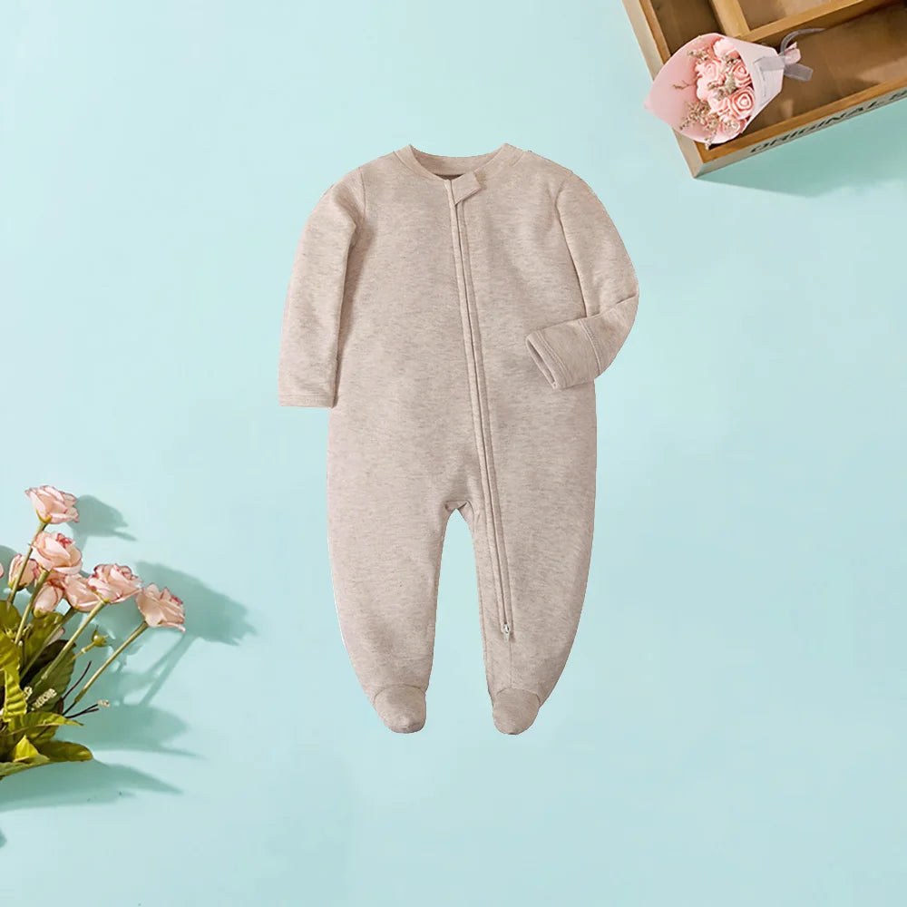 Spring Newborn Footed Pajamas Zipper Girl and Boy Romper Long Sleeve 0-12 Months Baby Clothe Jumpsuit Cotton Solid White Fashion