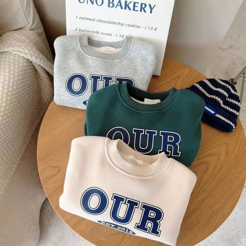 Spring Autumn Warm Boys Clothing Set Letter OUR Lined With Velvet Shirt+Pants 2Pcs Suit For Kids Children Outdoor Sports Suit