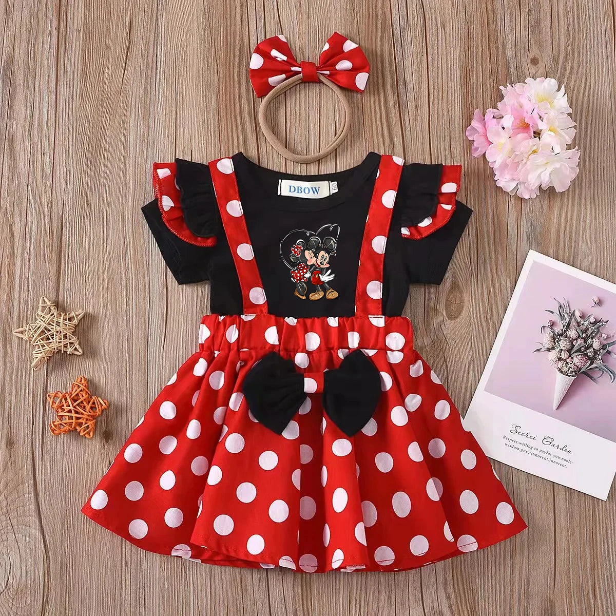 2Pcs/Set Mickey Minnie Mouse Children Outfit Baby Girls Summer Evening Kids Dots Tops Skirt Cosplay Dress with Headband Bow