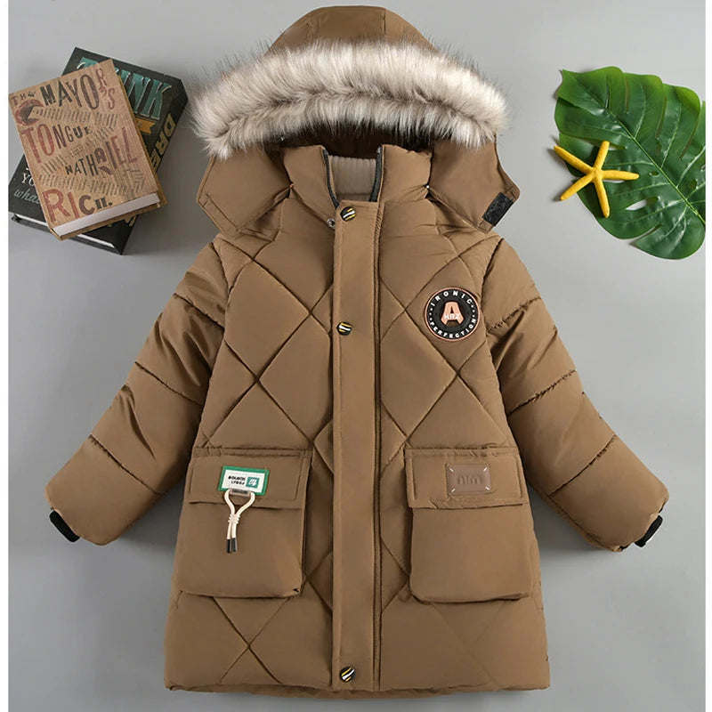 2025 Winter New Boys Jacket Solid Color Lining Plush Keep Warm Fur Collar Hooded Zipper Outerwear For 4-10Y Teen Kids Snowsuit