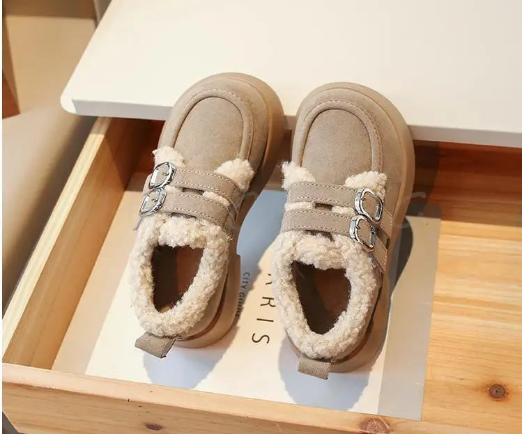 Autumn Winter Children Flats Shoes Solid Plush Warm Korean Style Girls Princess Casual Shoes Soft Bottom Furry Kids Cotton Shoes