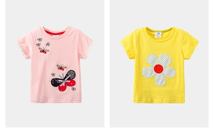 2026 Summer New Arrival 2 3 4 5 6 8 10 Years Kids Children Flower Print Baby Top Basic Cartoon Cotton Girls Short-Sleeve T-Shirt