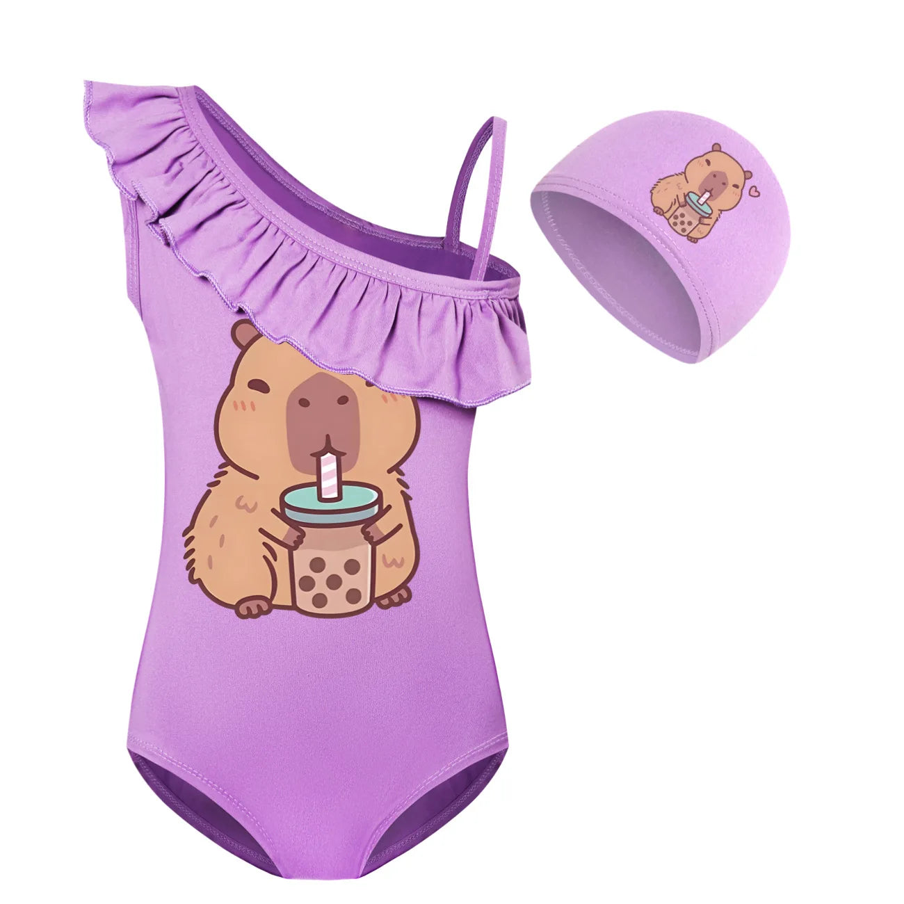 Swimsuit for Girls Summer Vacation Outfits Kids Game copybara Sling Ruffles Bikini Set Children Carooon Print Swimwear