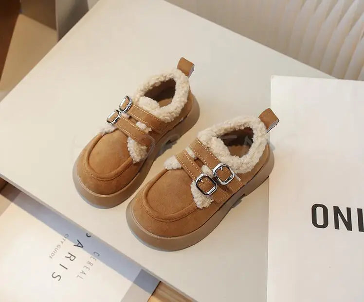 Autumn Winter Children Flats Shoes Solid Plush Warm Korean Style Girls Princess Casual Shoes Soft Bottom Furry Kids Cotton Shoes
