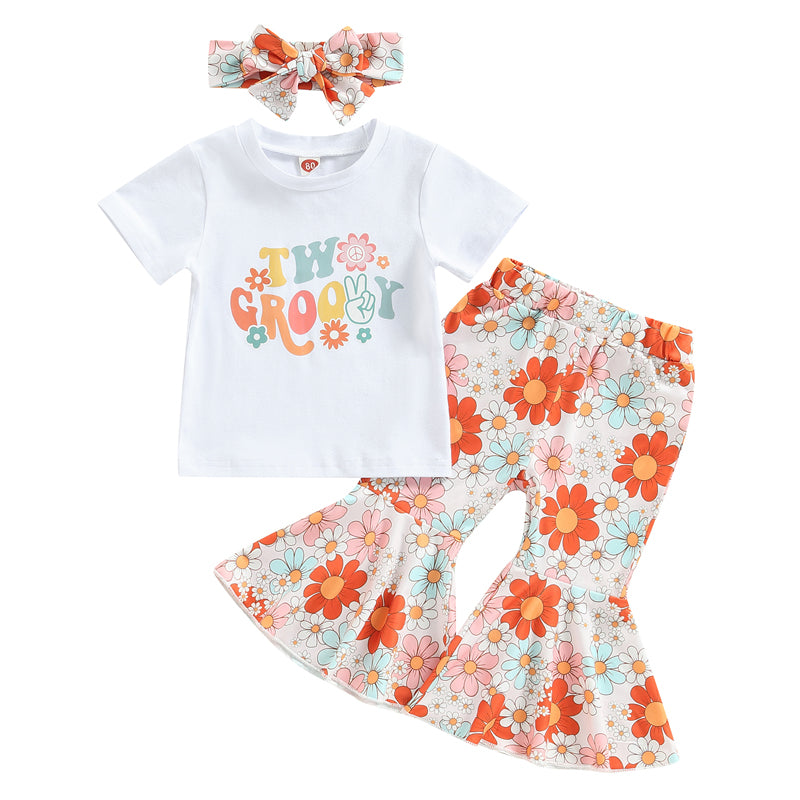 2-3T Toddler Baby Girl Birthday Outfit Groovy One/Two Groovy Romper Shirts Flower Bell Bottoms Headband Boho Clothes