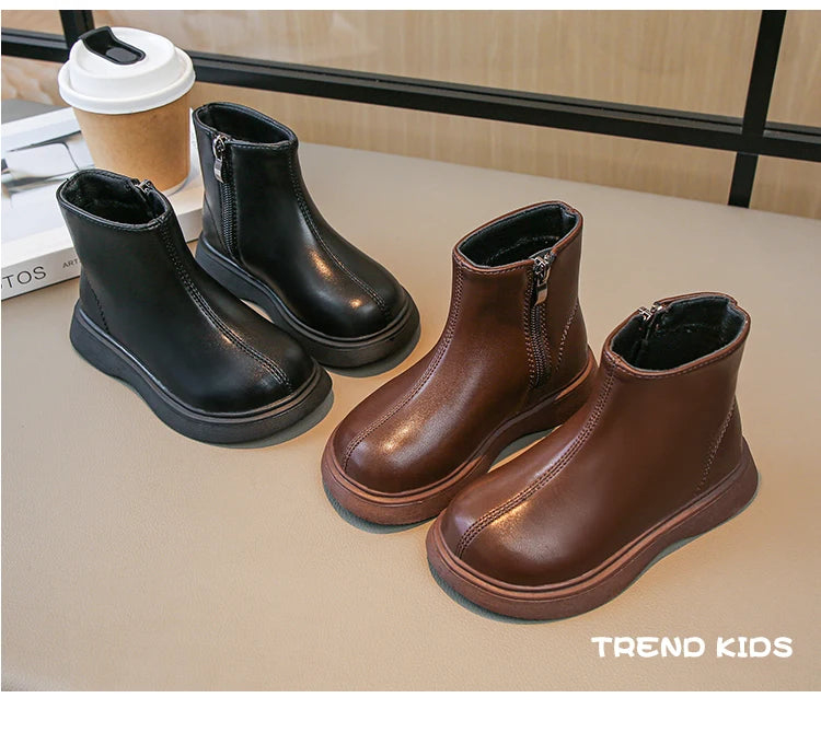 Children Fashion Boots Simple Girls Ankle Boot Black Kids Short Leather Boots Side Zipper Thick Bottom Autumn Winter 2024 New - Idrilay 