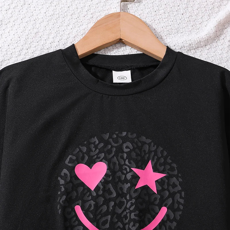2024 New Children's Fashion Clothes Sets For Kids Girl Black Smiley T-shirt And Rose Red Pleated Skirt High Quality Korean Style - Idrilay 
