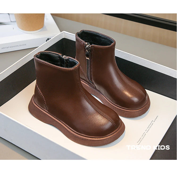 Children Fashion Boots Simple Girls Ankle Boot Black Kids Short Leather Boots Side Zipper Thick Bottom Autumn Winter 2024 New - Idrilay 