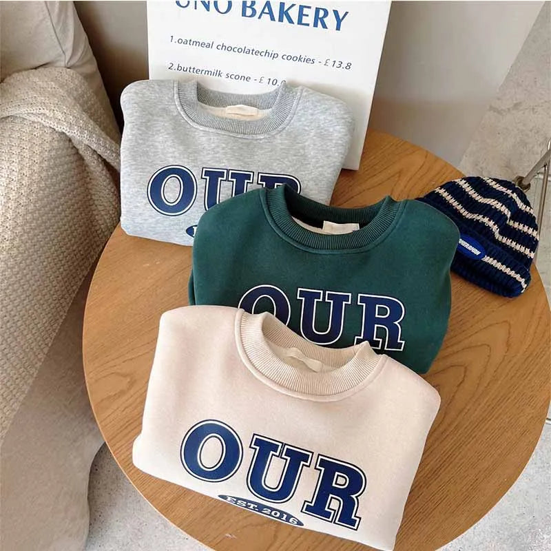 Spring Autumn Warm Boys Clothing Set Letter OUR Lined With Velvet Shirt+Pants 2Pcs Suit For Kids Children Outdoor Sports Suit