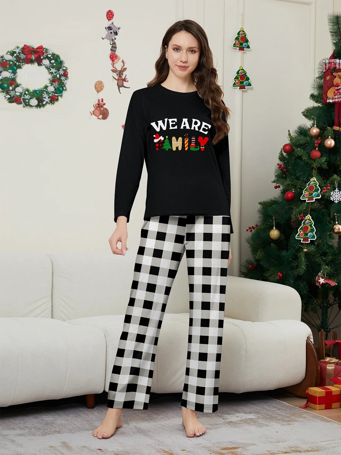 Happy New Year Family Matching Outfits Letter Plaid Print Parent-child 2 Pieces Suit Sleepwear Soft Loose Pajamas Set Xmas Wear